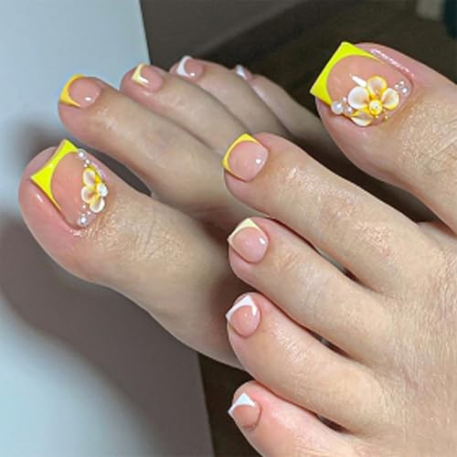 24 Pcs Yellow French Press On Toenails YEFIUO Acrylic Fake Toe Na...