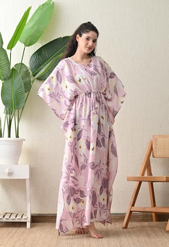 Image of Ichaa Women's Pink Rayon Printed Round-Neck Kaftan-Style Free Size Nighty with Drawstring