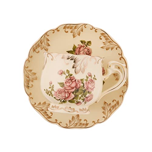 Childike European Porcelain Tea Cups And Saucers Set, Vintage Floral Tea Cups Set, Ivory Gold Trim Floral Coffee Cups Set 8 Ounce, Gift For Women (Red Rose Set Of 2) #TOP5