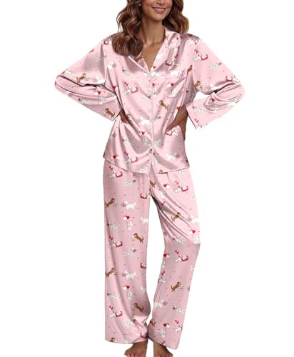 Image of Ekouaer Pajamas For Women Set Silk Pjs 2 Piece Satin Sleepwear Long Sleeve Button Down Lounge Sets With Pant