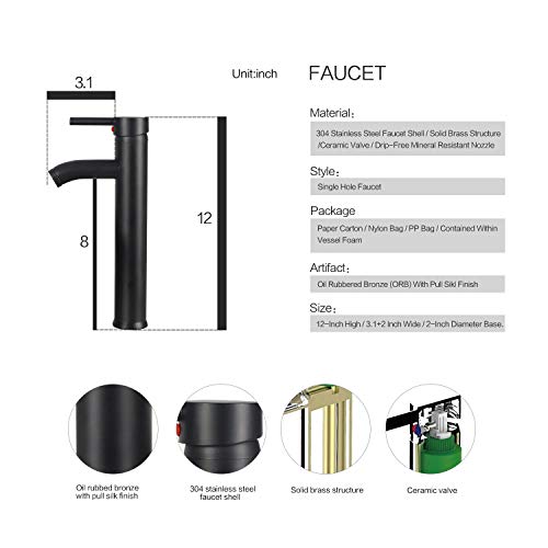16.5 Inch Bathroom Vessel Sink Bowl and Faucet Combo - Oil Rubbed Bronze Faucet and Pop Up Drain - Tempered Glass