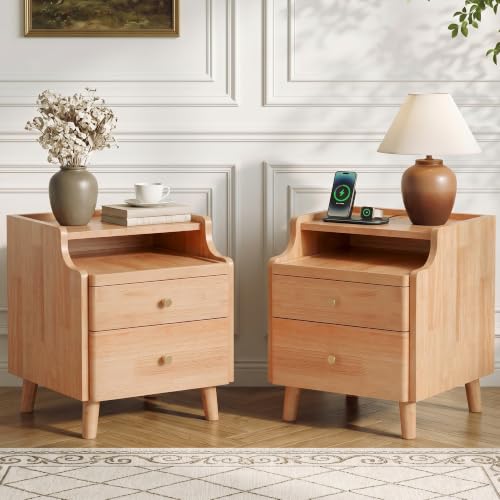 Image of Nightstand Set of 2, Pre-Assembled, 19.7 inchH Solid Wood Night Stand with 2 Drawers, Open Sliding Shelf, Mid Century Modern Small Bedside Table for Bedroom, Natural Oak 16 inch