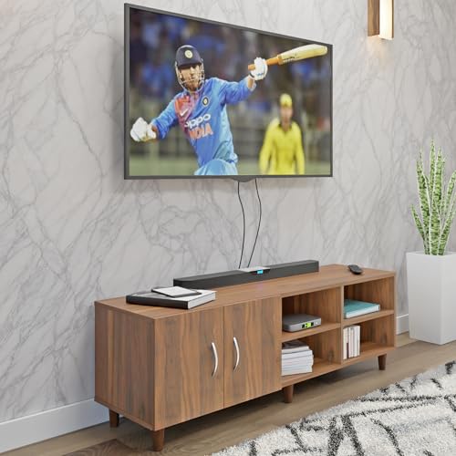 Image of VIKI Modern TV Unit for Living Room | Engineered Wood TV Cabinet with 2 Door Storage & 2 Open Shelves, Set Top Box Stand, Entertainment Unit, 140W x 48H x 40D cm | DIY | 1 Year Warranty (Walnut)