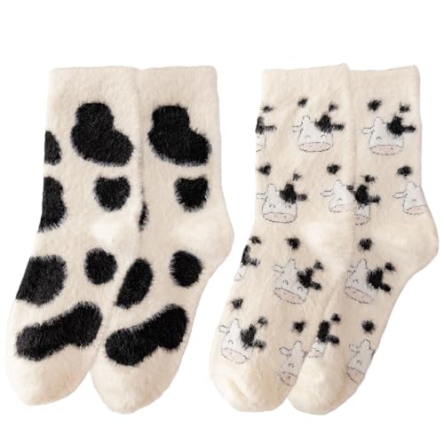 Fuzzy Socks for Women, Cute Fluffy Slipper Sock with Cat Cow Bunny Bear Dinosaur, Cozy Casual Calf Socks Size 5 to 9