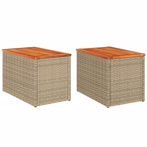 vidaXL Tables d'Appoint de Jardin 2 pcs, Tables Basses avec Pieds, Meubles de Terrasse Patio Extérieur, Beige Résine Tressée Bois Massif