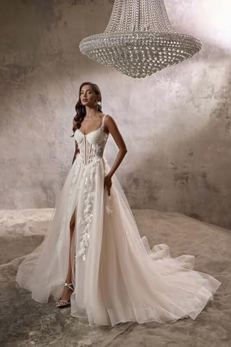 Zeeyecie Spaghetti Straps Tulle Wedding Dresses A-Line Lace Applique 3D Floral Bridal Gowns with Train for Brides2