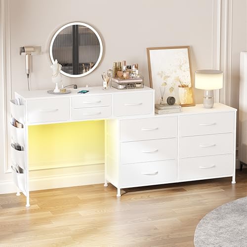 Mossora Commode 170 Cm avec Station De Charge Et Éclairage LED, Coiffeuse Pivotante À 10 Tiroirs en Tissu Et Poches Latérales, Coiffeuse Et Bureau Moderne...