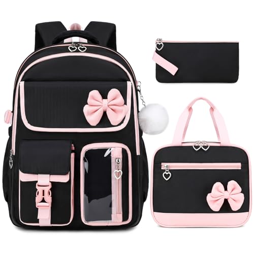 GeeWin Mochila para meninas para escola com lancheira, conjunto de lápis, 43 cm, linda bolsa de livros para meninas, à prova d'água para crianças, adolescentes, Preto, rosa, 17 Inch, Clássico