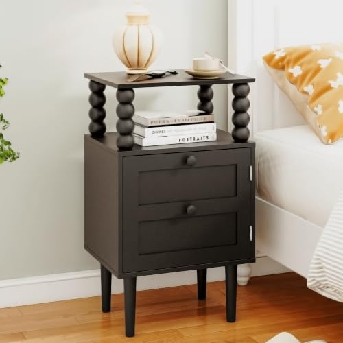 Image of Nightstand with Storage Drawer and Open Wood Shelf,Solid Wood Legs (Black) | Mid-Century Modern Bedside Table for Bedroom and Small Spaces,Easy Assembly
