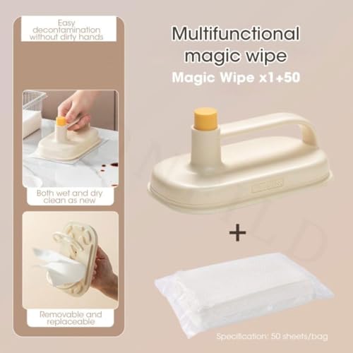 Image of Disposable Magic Wipes Cleaning Brush with Handle, Replaceable Magic Brush Cleaning Cloth, Cleaning Brush with Tissue Paper and Velcro for Kitchen Bathroom Home & Office (with 50 pcs Tissue)