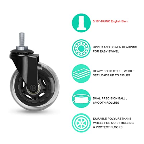 Hirate 3" Office Chair Casters Wheel With 5/16"-18Unc Threaded Stem Heavy Duty Caster Replacement Smooth Rolling For Hardwood Floors, Set Of 5 With Nylon Lock Nuts #TOP2