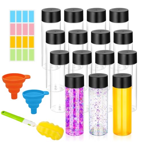 DI QIU REN 16 Pack Clear Plastic Bottles Empty Sensory Bottles with Caps Reusable Juice Bottles Drink Containers Leakproof Water Bottle for Juice Milk (Black Lids 12 oz / 350 ml)