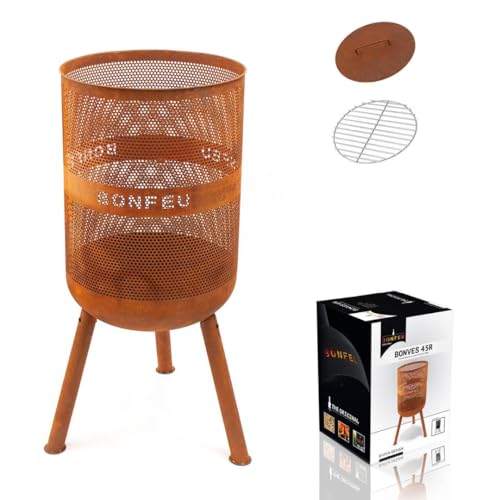 Brasero Exterieur - BonFeu BonVes - Brasero Barbecue avec Grill - Barbecue Plancha - Brasero pour Jardin (Rouille, Ø 45 cm)