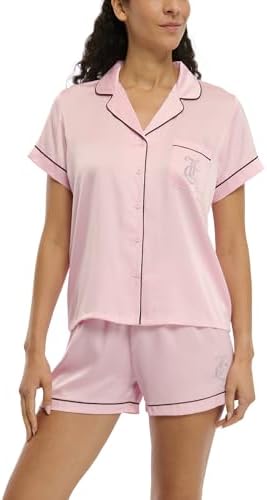 Juicy Couture Women's 2 Piece Satin Notch Collar Button Down Shirt and Pajama Shorts Lounge and S...