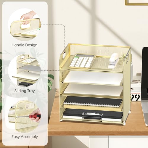 Image of Supeasy 5 Trays Paper Organizer Letter Tray with Handle-Mesh Desk File Organizer, Paper Sorter Desk Organizer for Office, Home or School (Golden)