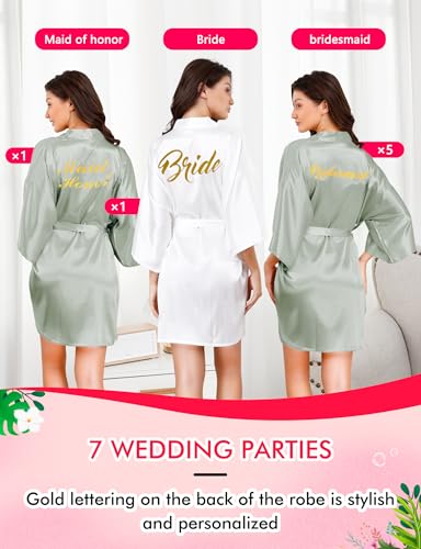 EPLAZA 7 Pcs Bride Bridesmaid Robes for Wedding Bridal Party Women Short Silky Satin Robe Kimono with Gold Glitters3
