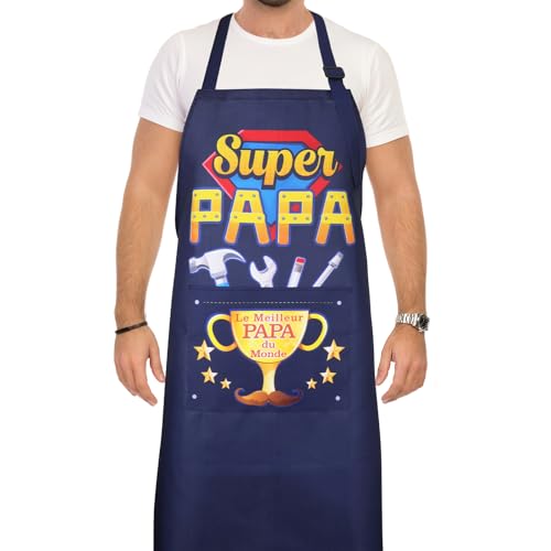 DPKOW Drole Papa Cadeau Fete des Peres Tablier Cuisine Homme Papa Tablier Barbecue pour Humoristique Cadeau Anniversaire PAPA SUPER Noel, Réglable avec Poche, Étanche