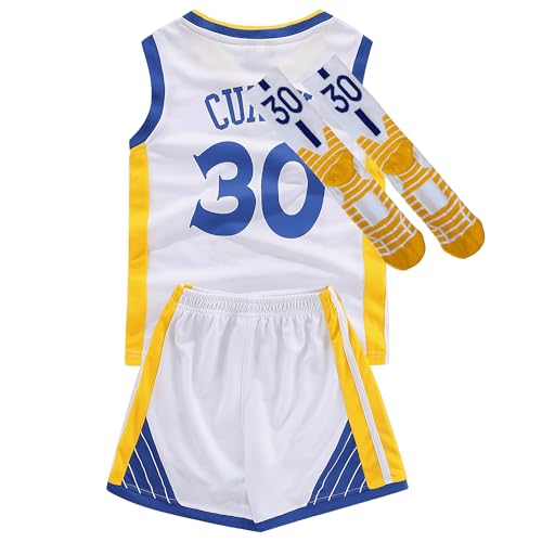 3PC Basketball Jersey Set For Youth Basketball Tank Top + Track Shorts+ Socks Set #30 White Size-22