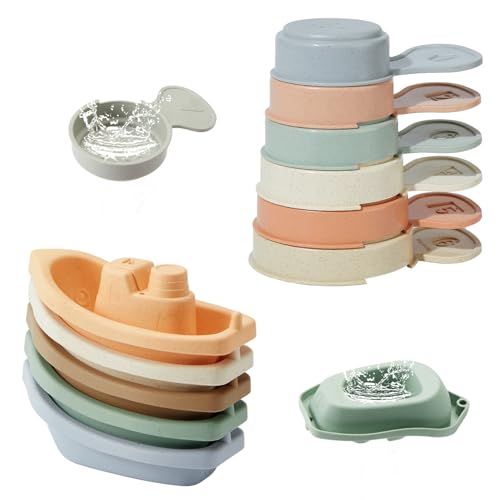 Image of BYKASIST Mold Free Bath Toys Floating Boats with Bathing Spoon, 11 Pcs Water Table Toys for Toddlers 1-3/Infants 6-12-18 Months, No Mold Bathtub Toys Shower Toys