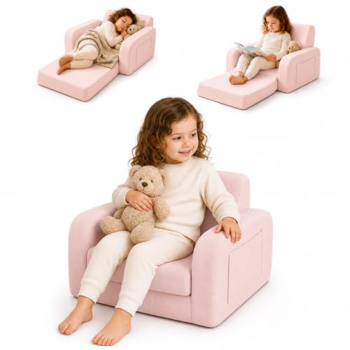 TokSay 3-in-1 Foldable Kids Chair for Toddler (Aged 1-3) Convertible Sofa to Lounger Kids Couch Playroom & Bedroom Furniture for Children Gray Fleece with Machine-Washable Cover (Pink)