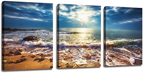 Blue Theme Beach Sunrise Ocean Waves Coastal Nature Pictures HD Canvas Prints Wall Art 3 Pieces Stretched Canvas Wooden Framed for living Room Wall Decor Bedroom and Office Decorations 12"x16"x3