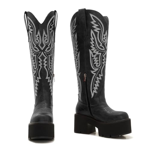 Image of Uillnoodu Women's Red Platform Cowgirl Boots with Zipper - Western Knee-High Chunky Sole Cowboy Boots