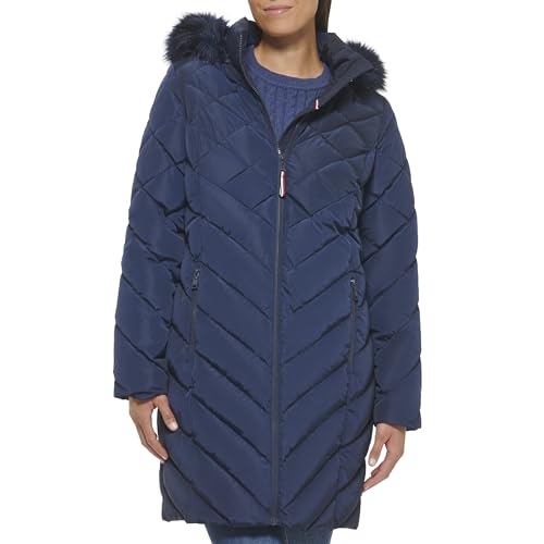 Tommy Hilfiger Women's Faux Fur Trimmed Long Puffer Navy X-Small