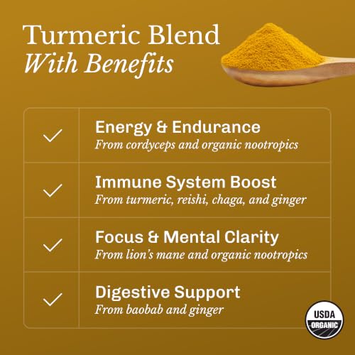 Image of MUD\WTR Turmeric Decaf Mushroom Drink | Zero Caffeine | USDA Organic Mushroom Coffee Alternative | USA Grown | Focus & Immunity Support | Lion's Mane, Chaga, Reishi, Cordyceps | 30 Servings