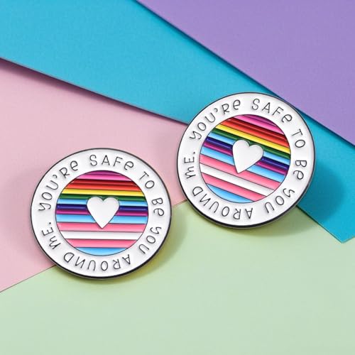 Image of 2025 Round Rainbow Brooch Enamel Pins You're Safe To Be You Around Me Badge Pin Lapel Brooches With Inspirational Quote For Clothing Bags Jackets Hat Decoration Accessories For LGBT People(2pcs)