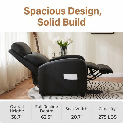 Image of Manual Recliner Chair, Oversized Lazy Boy Reclining Sofa with Adjustable Backrest & Extended Footrest, Ergonomic Single Recliner Couch for Home Theater Seating, Living Room, Bedroom, Black