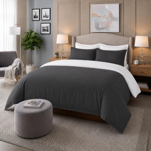 Image of Duvet Cover King Size Bed (92x110 Inch) 1 Duvet Cover + 4 Pillow Covers with Zipper 600 TC Cotton Reversible Luxurious Quilt, Comforter, Rajai, Blanket Cover (White /Dark Grey)