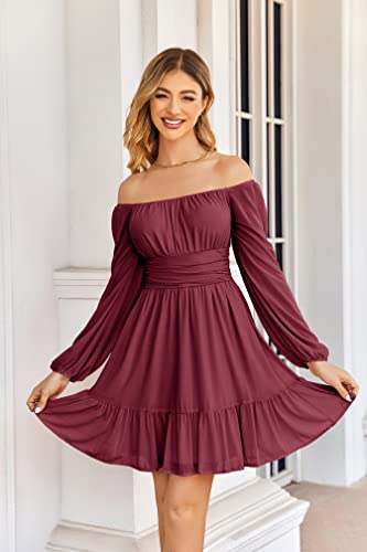 Wenrine Women's Mesh Long Sleeve Square Neck Dress High Waist A Line Ruffle Hem Flowy Casual Party Mini Dress2