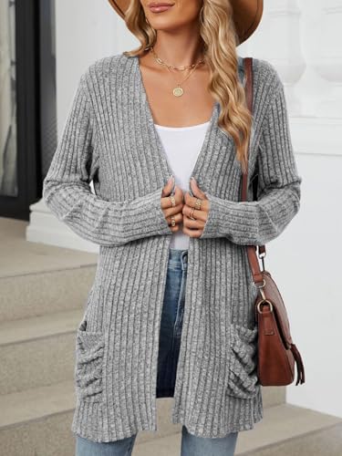 Image of Les umes Womens Open Front Lightweight Knit Cardigans V Neck Loose Long Sleeve Sweaters with Pockets