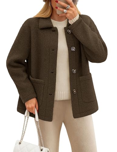YUCOLEN Womens Fleece Jacket Button Down Sherpa Jacket Long Sleeve Teddy Coat Winter Warm Coat Fuzzy Outerwear with Pockets Brown L