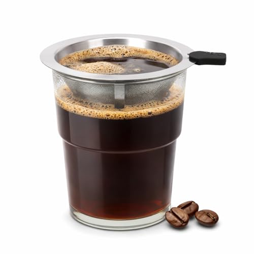 NANSPATH Single Serve Immersion Coffee Maker, Glass Pour Over Coffee Dripper with Reusable Stainless Steel Filter, Manual Coffee Brewer Cup for Home Office Travel-TMF