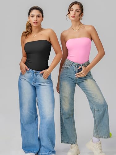 Image of OQQ Womens Tube Bodysuits Strapless Basic Sleeveless Ruched Stretch Classic-Fit Tops Sexy Bodysuits