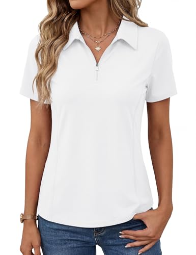 LOMON Women UPF 50+ Polo Shirt V Neck Golf Shirt Short Sleeve UV Tops Quick Dry Summer Shirt for Work (White L)