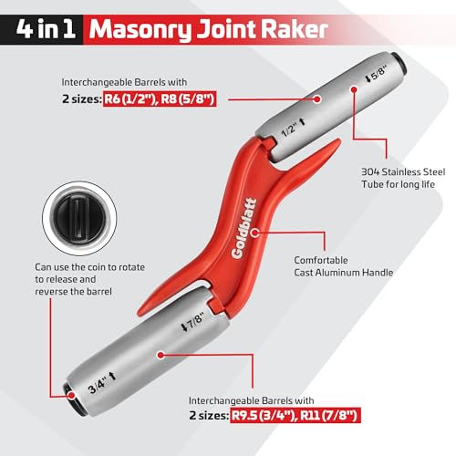Goldblatt RED Masonry Brick Jointer Tool, 4 Sizes Barrel Jointer, 1/2in, 5/8in, 3/4in, 7/8in Wall Beauty Stitcher, Stainless Steel Masonry Joint raker, 4 in 1 Bricklaying Jointer - Image 2