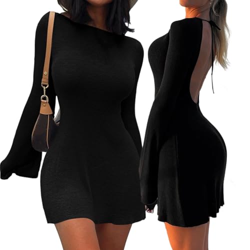MeeQee Robe à Manches Longues Femme Sexy Backless Moulante Mini Robes Y2K Bodycon Slim Fit Courte Dress Élégante Noir Robe pour Cocktail Fête Clubbing
