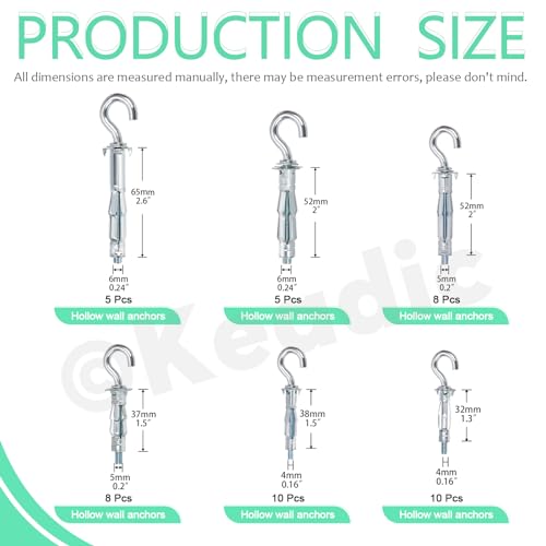 Keadic 46Pcs 6 Sizes Hollow Wall Anchor Screw Assortment Set, M4*32, M4*38, M5*37, M5*52, M6*52,M6*65 - Image 2