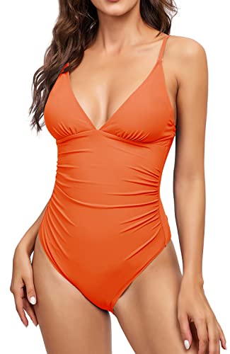 DANIFY Women's One Piece Swimsuits Tummy Control Bathing Suits Slimming Swimsuit V Neck Swimwear Monokini