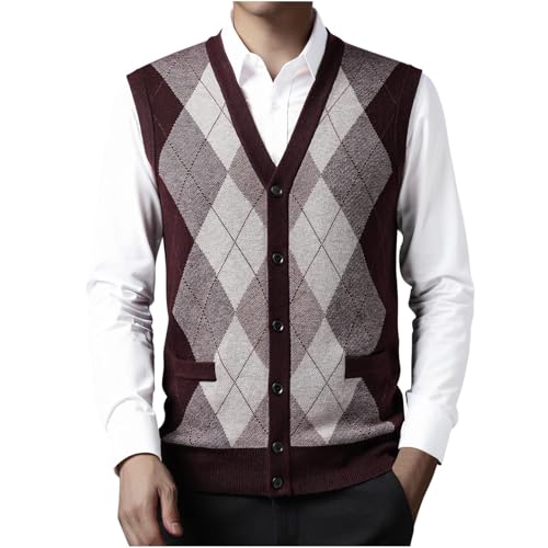 Mens Argyle Sweater Cardigans Vest Sleeveless Sweaters V Neck Plaid Cardigan Vests Button Down Knitwear3