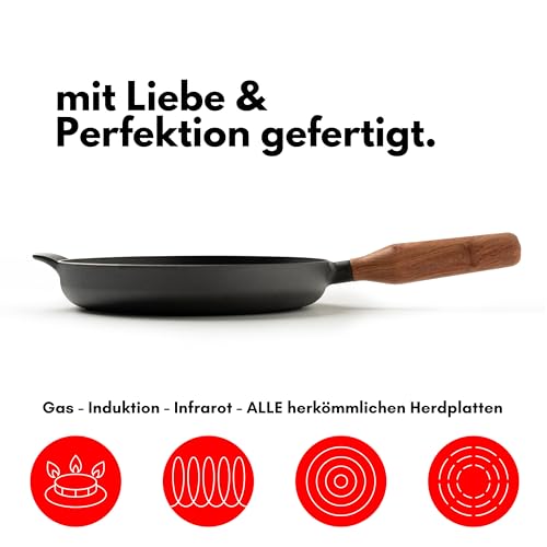JAXX ROADHOUSE DIE BRATPFANNE - ausgezeichnete Premium Pfanne Gusseisen, Gusseisenpfanne Induktion, 26cm, Handgefertigter Holzgriff, ALLE Herdarten, Voreingebrannt (Walnussholz)