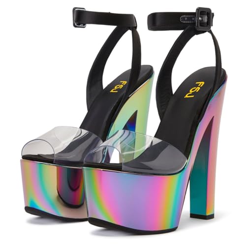 FSJ Women Super High Block Chunky Platform Heel Peep Toe Ankle Strap Sandals Sexy Slingback Buckle Prom Pump Shoes Size 4-16 US4