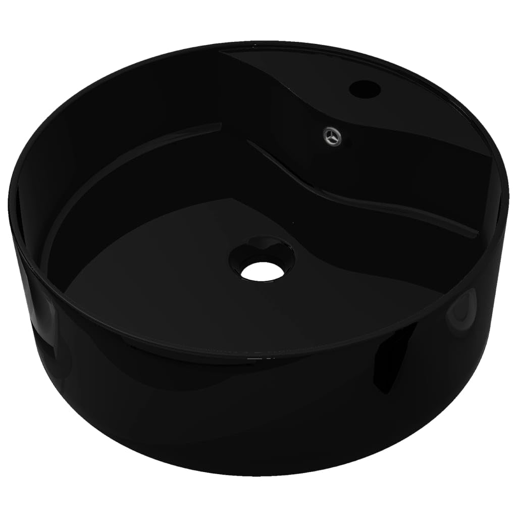 AUVYI Gästetoilette Waschbecken Keramik Hahnloch/Überlaufloch Schwarz Rund 46,5x15,5 CM Aufsatzwaschbecken Kosmetikraum Möbel Waschbecken Gäste WC Handwaschbecken für Waschraum Badezimmer