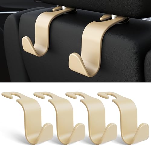 Image of 4-Pack Car Headrest Hooks Holds 55lbs Seat Storage Organizer for Bags | Durable ABS Material, 360 Rotating, Car Hanger for Backpack Umbrella Water Bottle Coat Purses Handbags Groceries, Beige