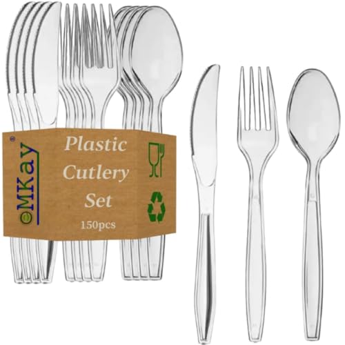 eMKay - Lot de 150 couverts transparents réutilisables sans BPA – fourchettes, cuillères et couteaux résistants – Couverts de fête