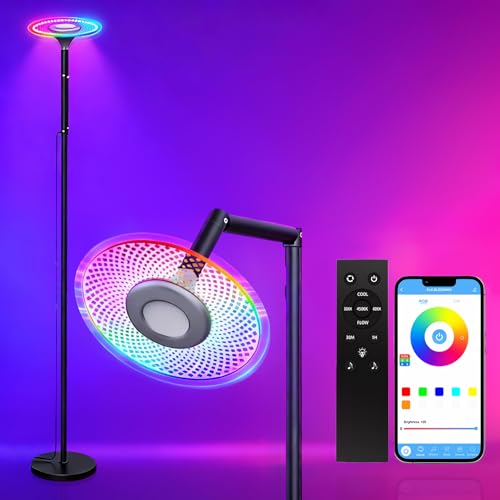 Cypkh Smart Floor Lamp, 70in RGB Living Room Floor Lamp with App & Remote Control, 180° Adjustable Head, Stepless Dimming & Color Changing for Bedroom, Office