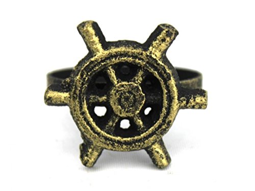 Hampton Nautical Cast Iron Ship Wheel Napkin Ring, 2", Antique Gold