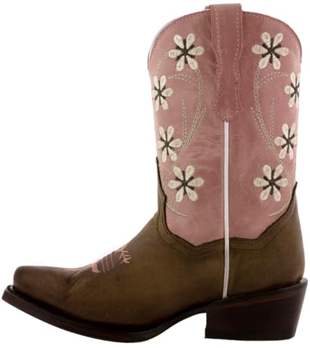 Girls Pink Floral Youth Brown Leather Cowgirl Boots Snip Toe3